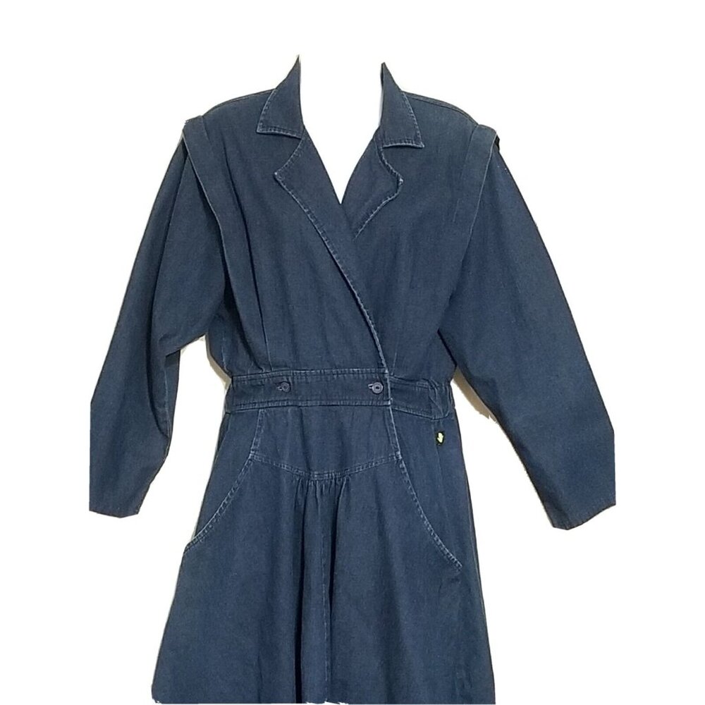Vintage‎ 90s Denim Dress S Midi Button Front Long Sleeve Fit Flare Circle Skirt
